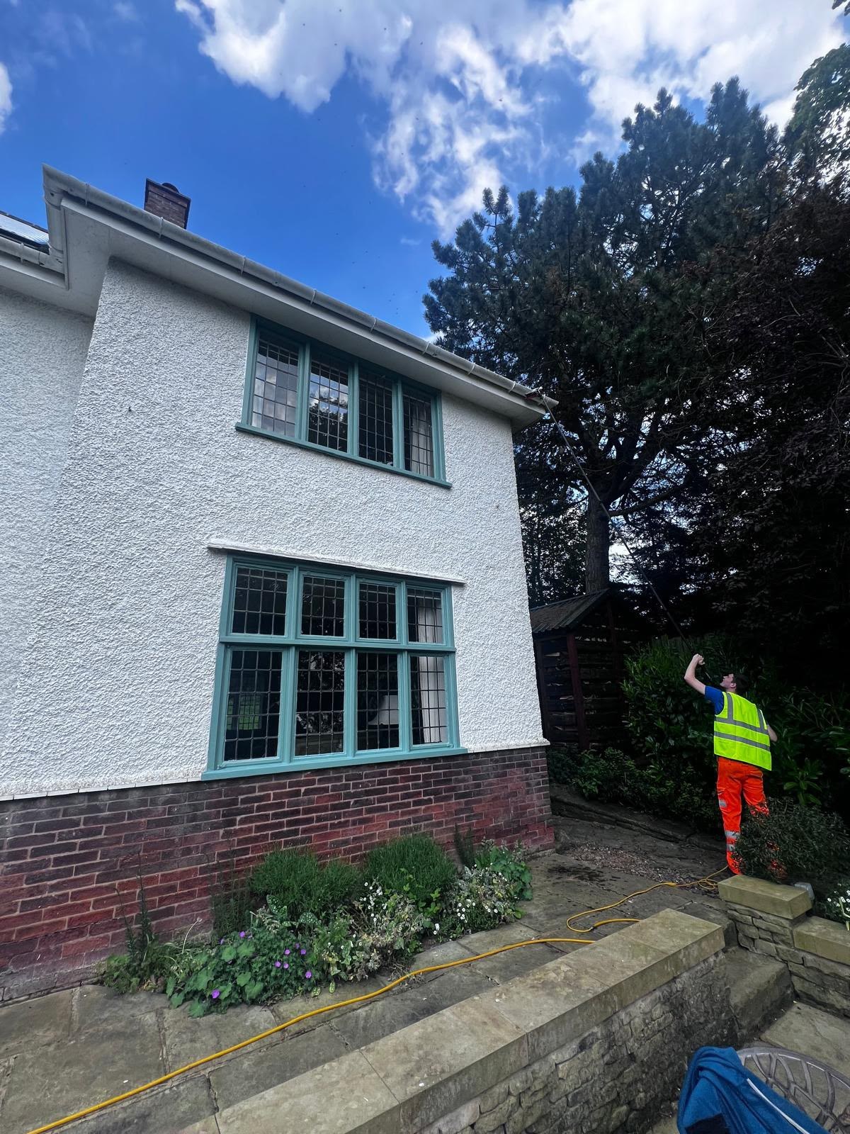 Reach and wash pole cleaning the leaded upper windows of a white rendered home